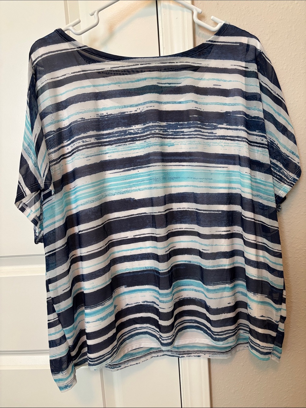 Zenergy by Chicos 2 Striped Short-Sleeve Boxy Top in Navy and Aqua Mesh
